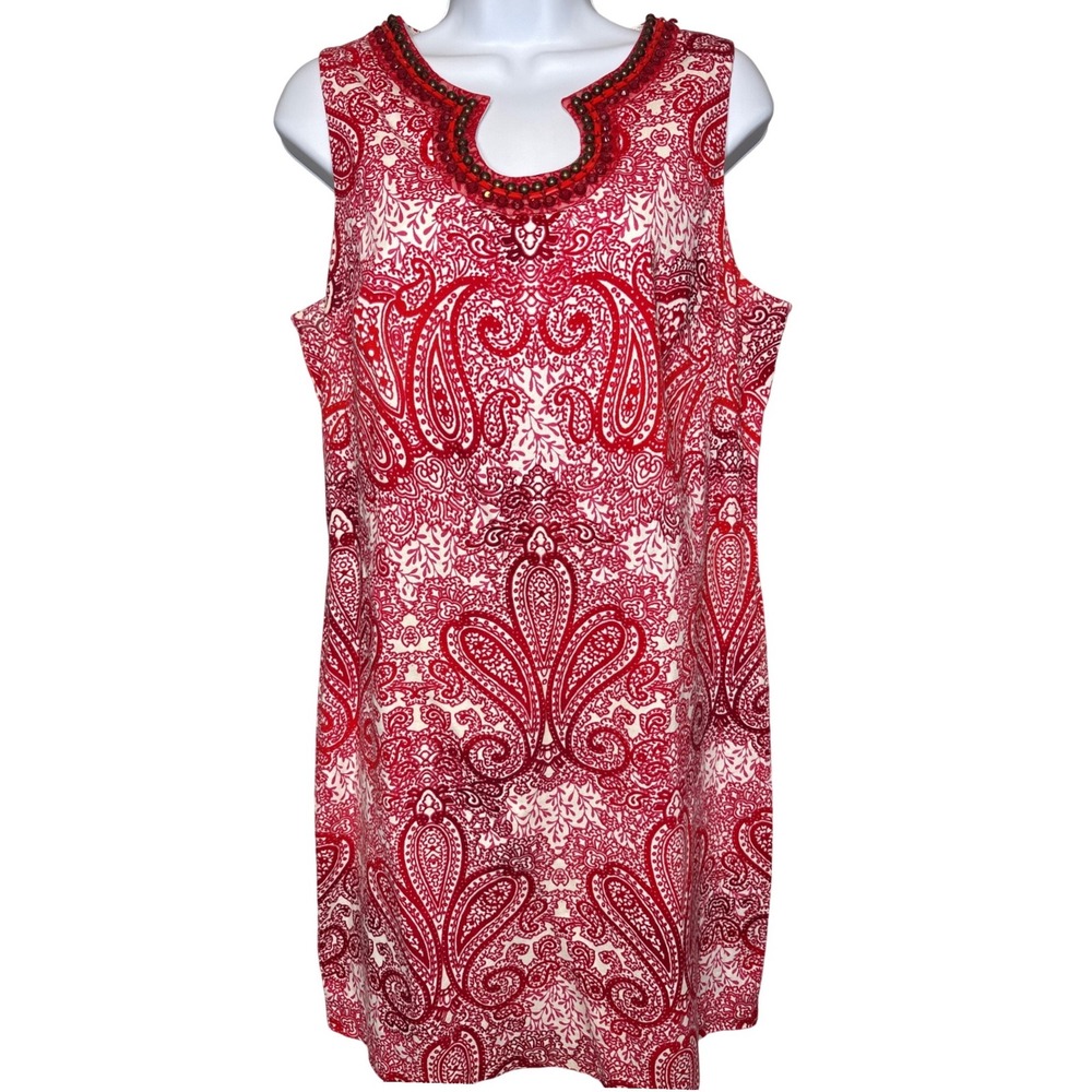 London Times Red and White Paisley Beaded Neck Mini Dress
